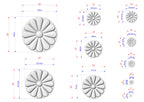 various sizes of white flower-shaped objects, each with its own set of dimensions and measurements. The objects are arranged in a grid format, with each row representing a different size and the columns representing the different types of objects. The image provides a clear visual representation of the different sizes and shapes of the flower-shaped objects.