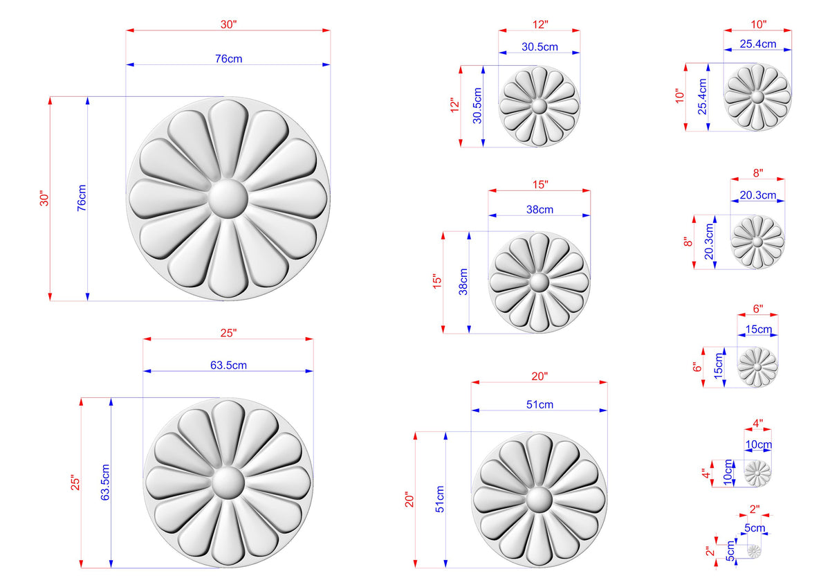 various sizes of white flower-shaped objects, each with its own set of dimensions and measurements. The objects are arranged in a grid format, with each row representing a different size and the columns representing the different types of objects. The image provides a clear visual representation of the different sizes and shapes of the flower-shaped objects.