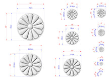 Load image into Gallery viewer, various sizes of white flower-shaped objects, each with its own set of dimensions and measurements. The objects are arranged in a grid format, with each row representing a different size and the columns representing the different types of objects. The image provides a clear visual representation of the different sizes and shapes of the flower-shaped objects.

