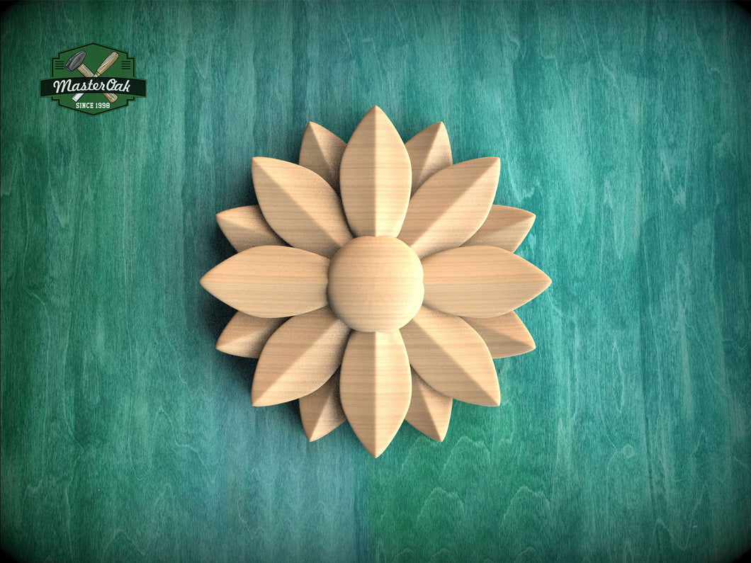 A wooden flower-shaped object is centered against a green background.