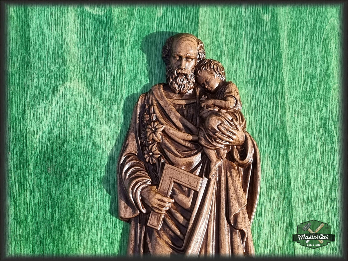 St. Joseph Holding Baby Jesus Wooden Sculpture, Catholic Religious Statue