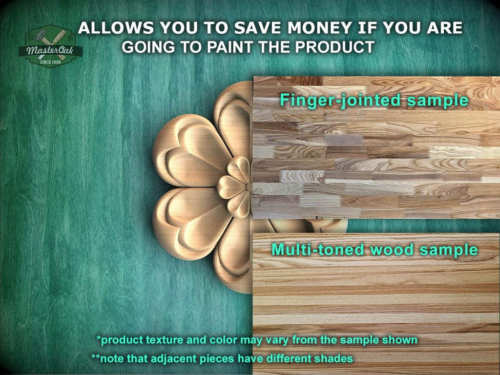 The image is a promotional advertisement for Master Oak, a company that sells wood products. It features a close-up of a wooden sample, including a finger-joined sample and a multi-toned wood sample. The text on the image encourages viewers to save money by painting the product, highlighting the differences between the two samples, such as the product texture and color. The image is a collage of multiple images, and the text is concise and avoids redundancy.