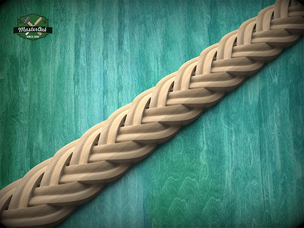 A close-up view of a braided wooden object, possibly a piece of furniture or a decorative item, set against a green wooden background.