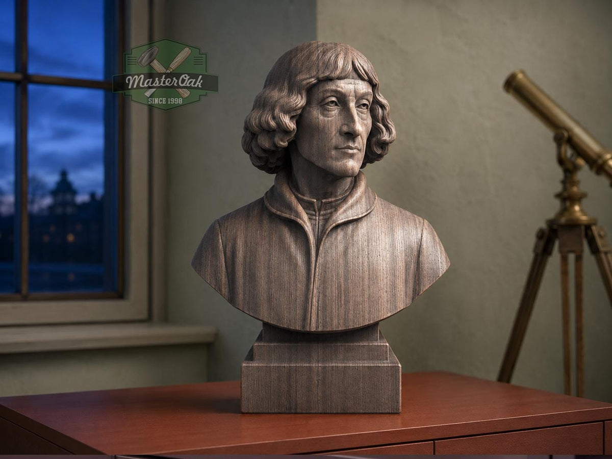 Nicolaus Copernicus Bust, Hand-Finished Wood Sculpture | Astronomy Decor
