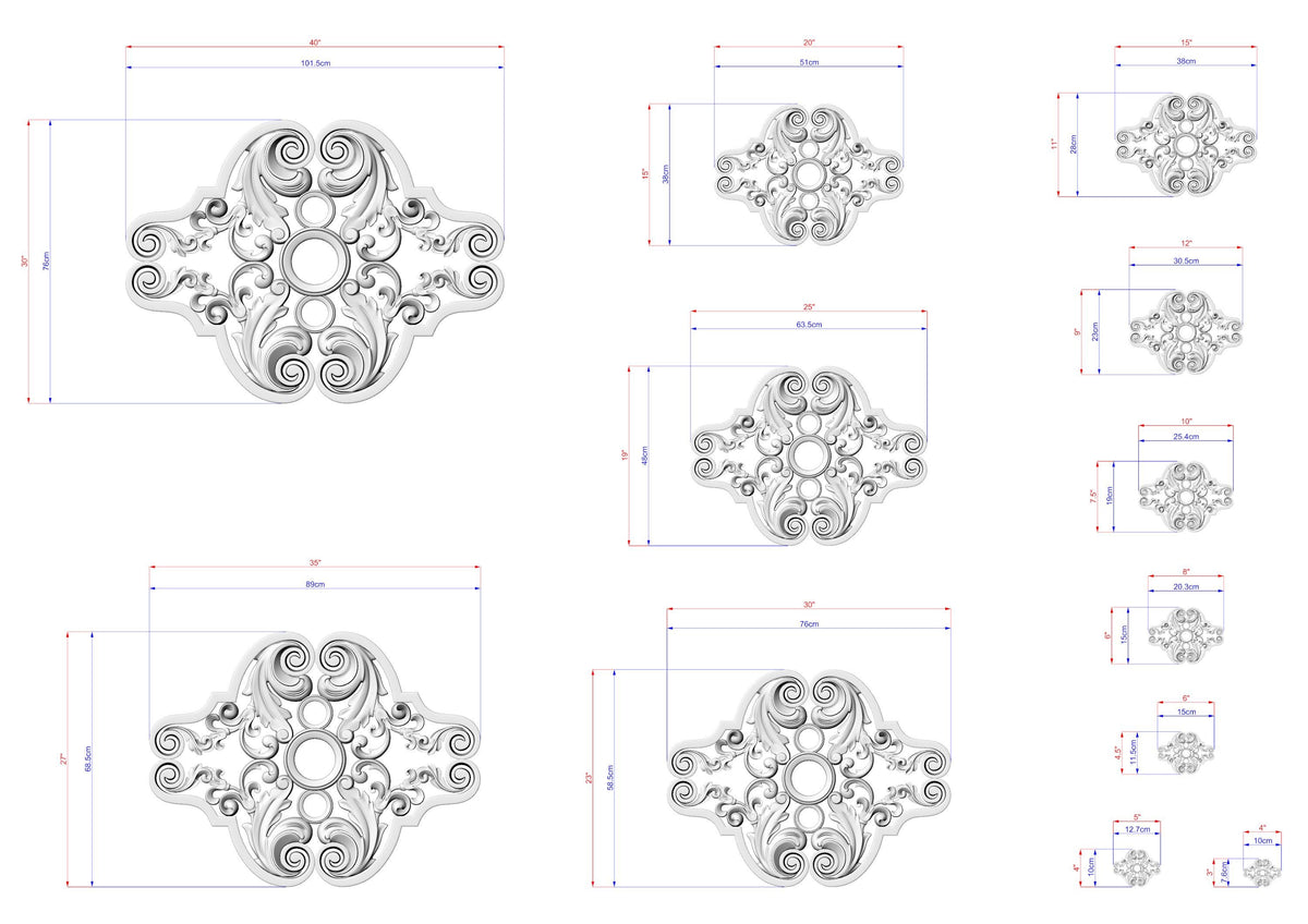 a collection of intricate designs, including floral and scroll motifs, along with their respective dimensions. The designs are presented in various sizes, ranging from small to large, and are arranged in a grid format. The image does not contain any text or additional elements that would require a more detailed description.