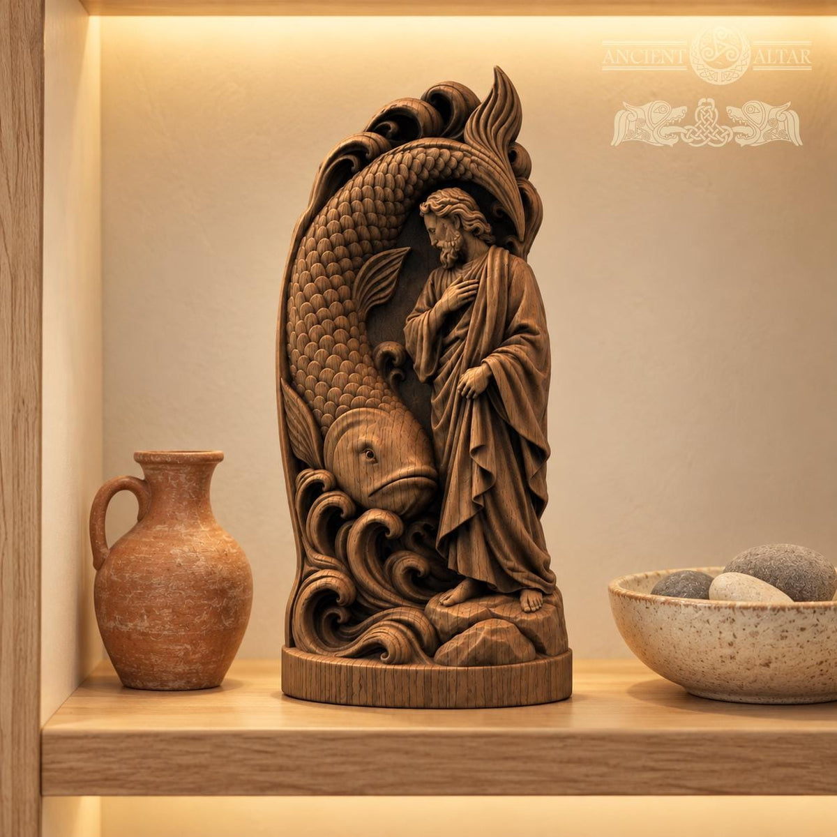 Jonah and the Great Fish Sculpture, Solid Oak Biblical Relief with Ocean Waves, Judaica Home Decor, Religious Gift