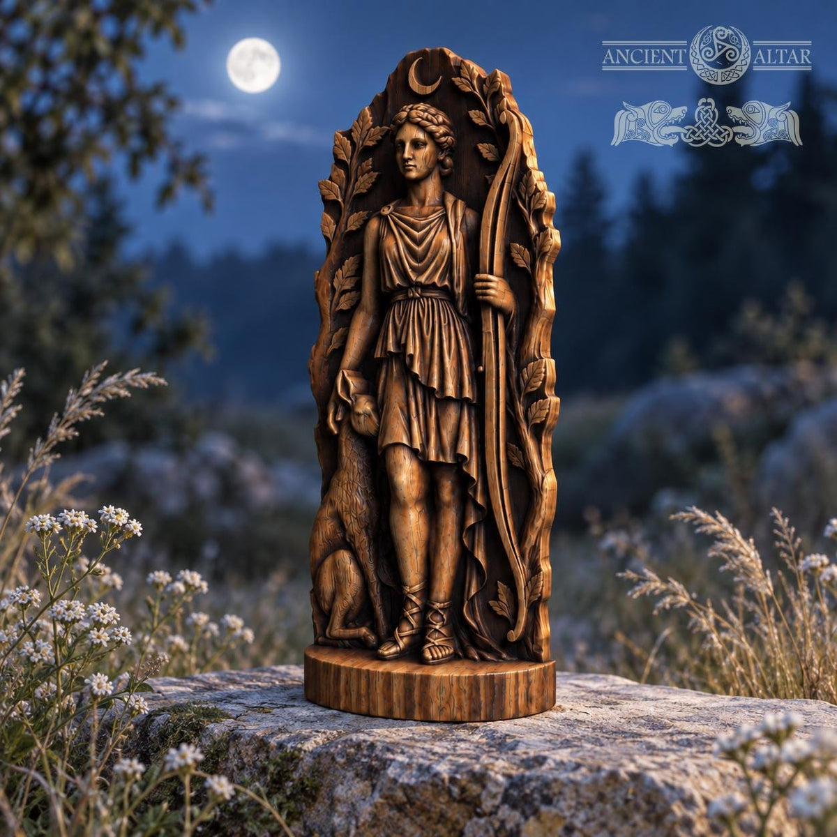 Artemis Huntress Statue with Deer, Wooden Greek Moon Goddess Figurine, Woodland Altar Decor, Archery and Nature Lover Gift