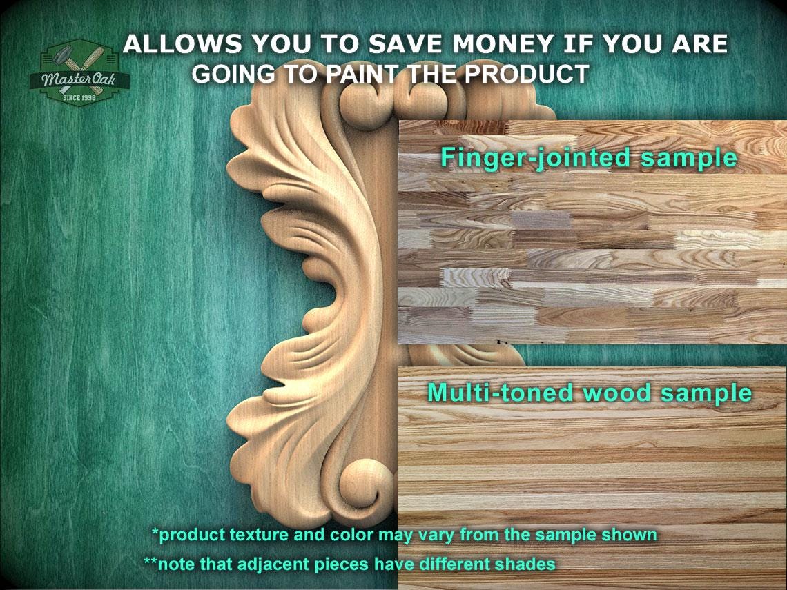 The image is a collage of two wood samples, one with a finger-jointed sample and the other with a multi-toned wood sample. The text above the samples states that the product allows you to save money if you are going to paint the product. The samples are labeled with their respective product textures and colors, and there is a note that adjacent pieces have different shades.