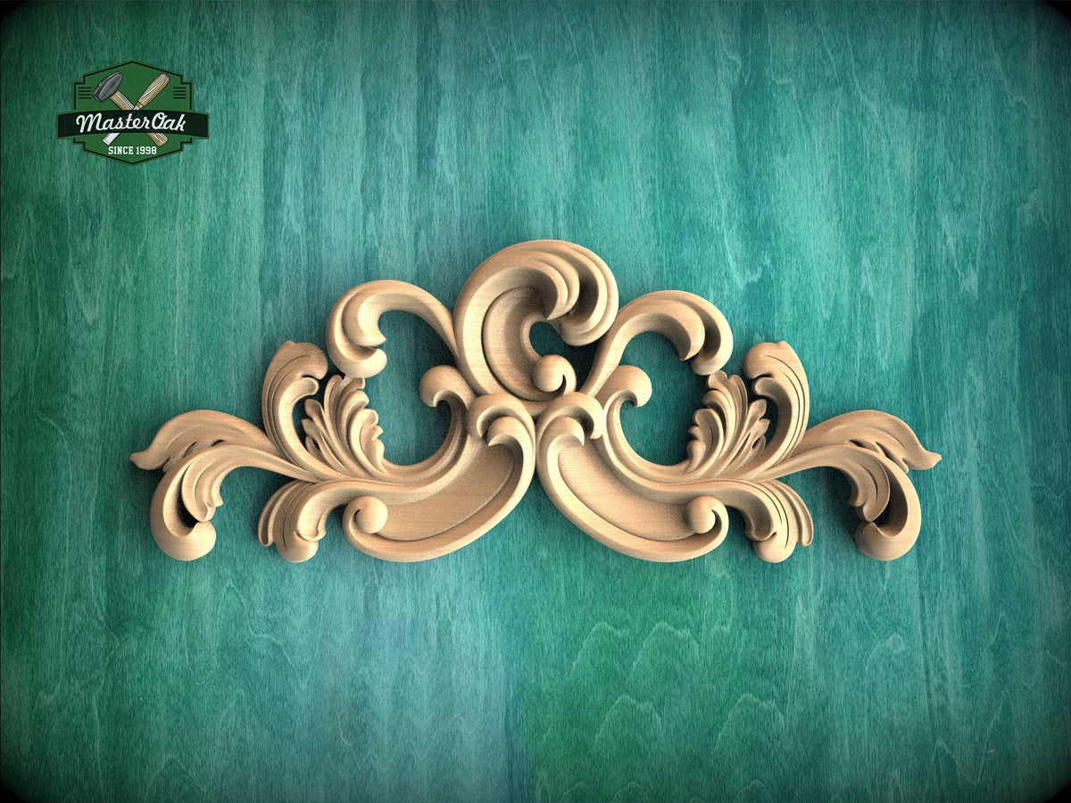 a decorative wooden carving on a green background.