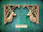 Carved Wood Deer Corner Onlays, Mirrored Pair with Antlers and Gothic Scrollwork