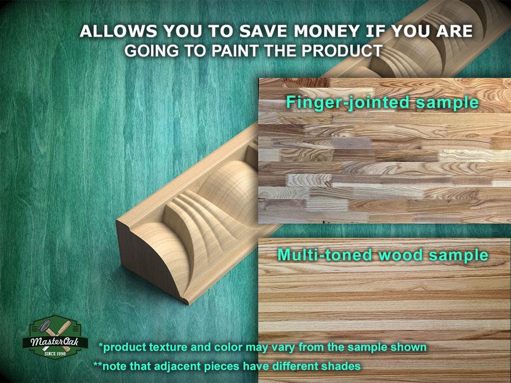 The image is a promotional advertisement for a product, specifically a wooden sample. It features a close-up of the wooden sample and a larger image of the product itself. The text on the image provides information about the product, including that it allows you to save money if you are going to paint the product, and that the product texture and color may vary from the sample shown. The text also mentions that adjacent pieces have different shades.