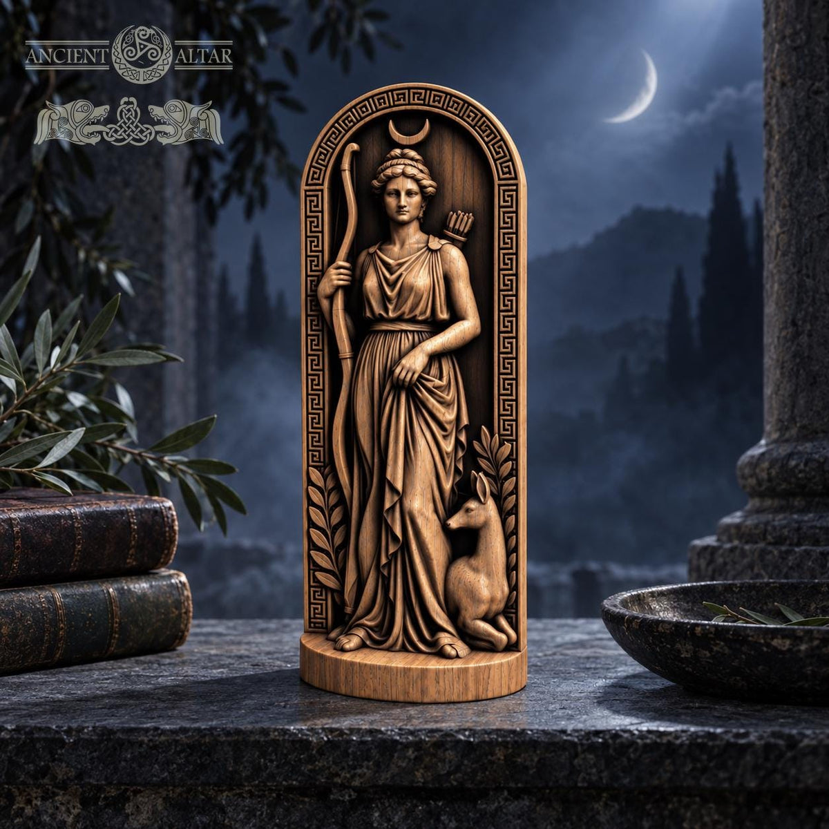 Artemis Wooden Statue with Deer, Greek Goddess of the Hunt Figurine, Moon Altar Decor, Ancient Mythology Sculpture, Pagan Gift