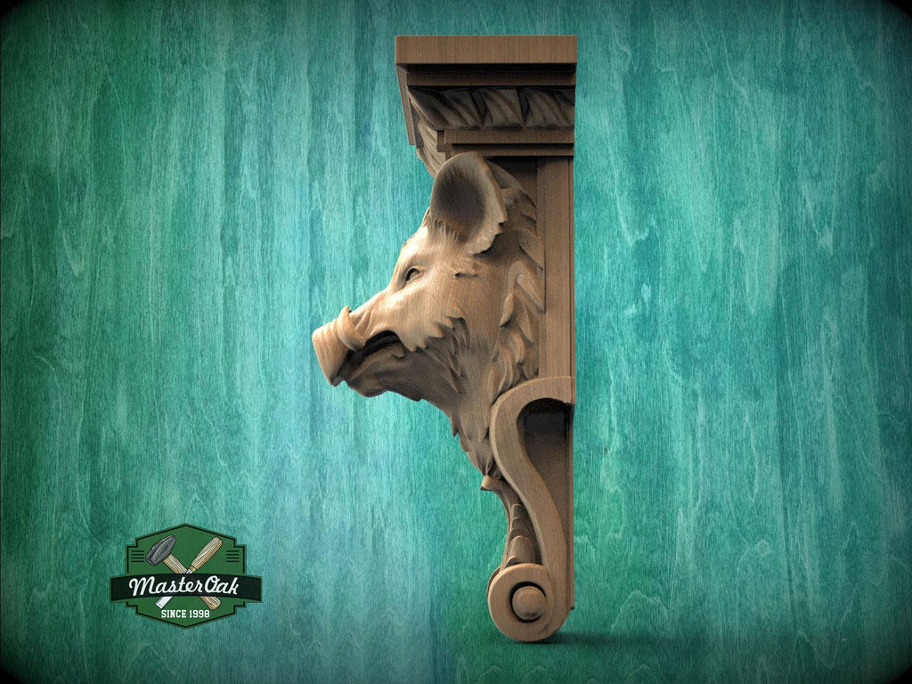 Boar Head Wood Corbel – Carved Rustic Wall Bracket for Shelves and Decor