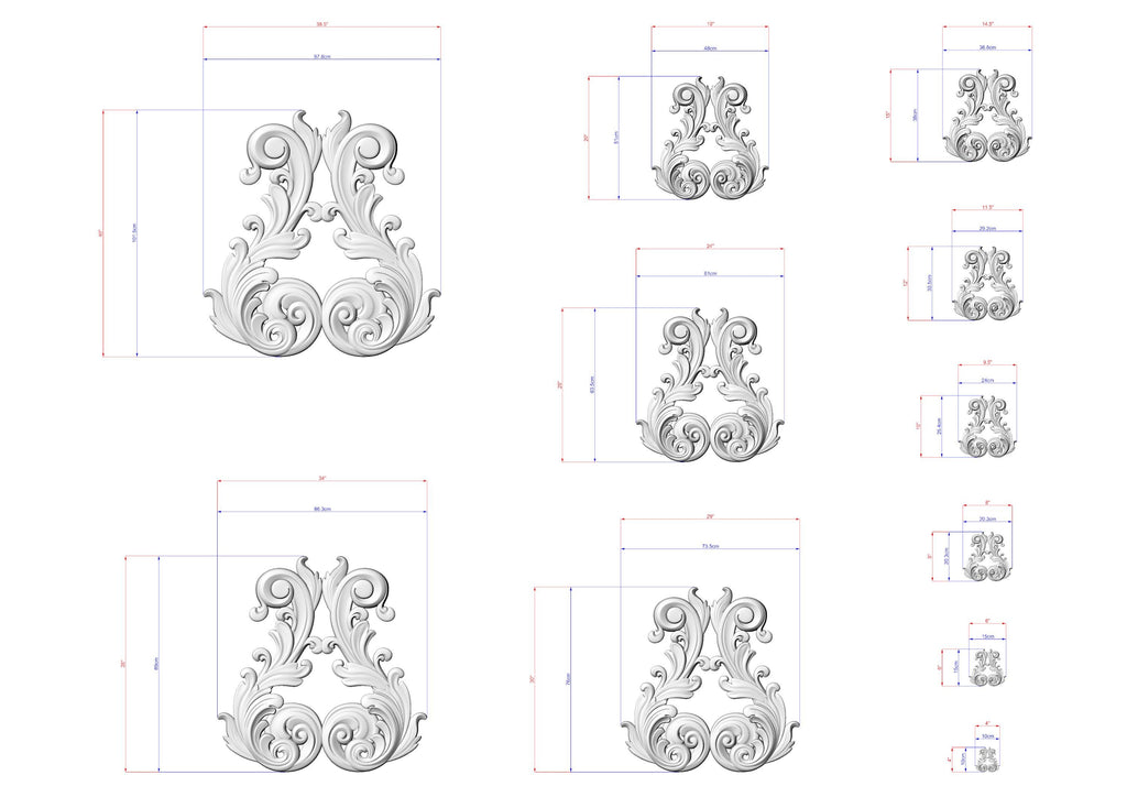 a collection of ornate, decorative designs in a 3D style, including various sizes and shapes. The designs are rendered in a white color and are accompanied by detailed measurements and scale drawings, providing a comprehensive visual representation of the intricate patterns and dimensions.