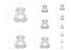 a collection of ornate, decorative designs in a 3D style, including various sizes and shapes. The designs are rendered in a white color and are accompanied by detailed measurements and scale drawings, providing a comprehensive visual representation of the intricate patterns and dimensions.