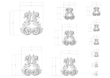 Load image into Gallery viewer, a collection of ornate, decorative designs in a 3D style, including various sizes and shapes. The designs are rendered in a white color and are accompanied by detailed measurements and scale drawings, providing a comprehensive visual representation of the intricate patterns and dimensions.
