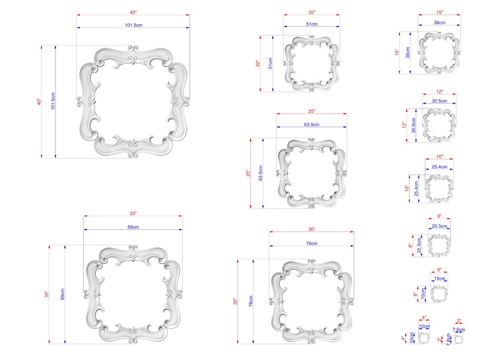 various sizes of ornate mirrors, each with its own unique design and dimensions. The mirrors are arranged in a grid format, providing a clear visual representation of their different sizes and shapes. The image is not a single, continuous scene but rather a collection of individual images that come together to form a larger picture of the diverse mirror designs.