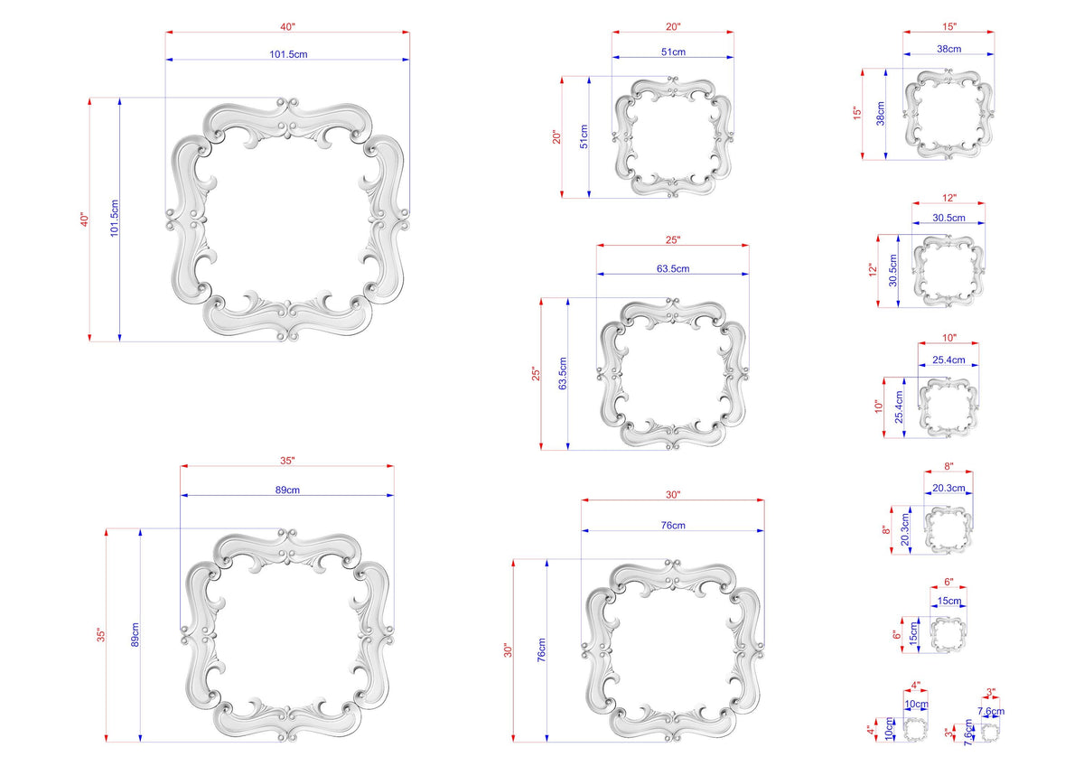 various sizes of ornate mirrors, each with its own unique design and dimensions. The mirrors are arranged in a grid format, providing a clear visual representation of their different sizes and shapes. The image is not a single, continuous scene but rather a collection of individual images that come together to form a larger picture of the diverse mirror designs.