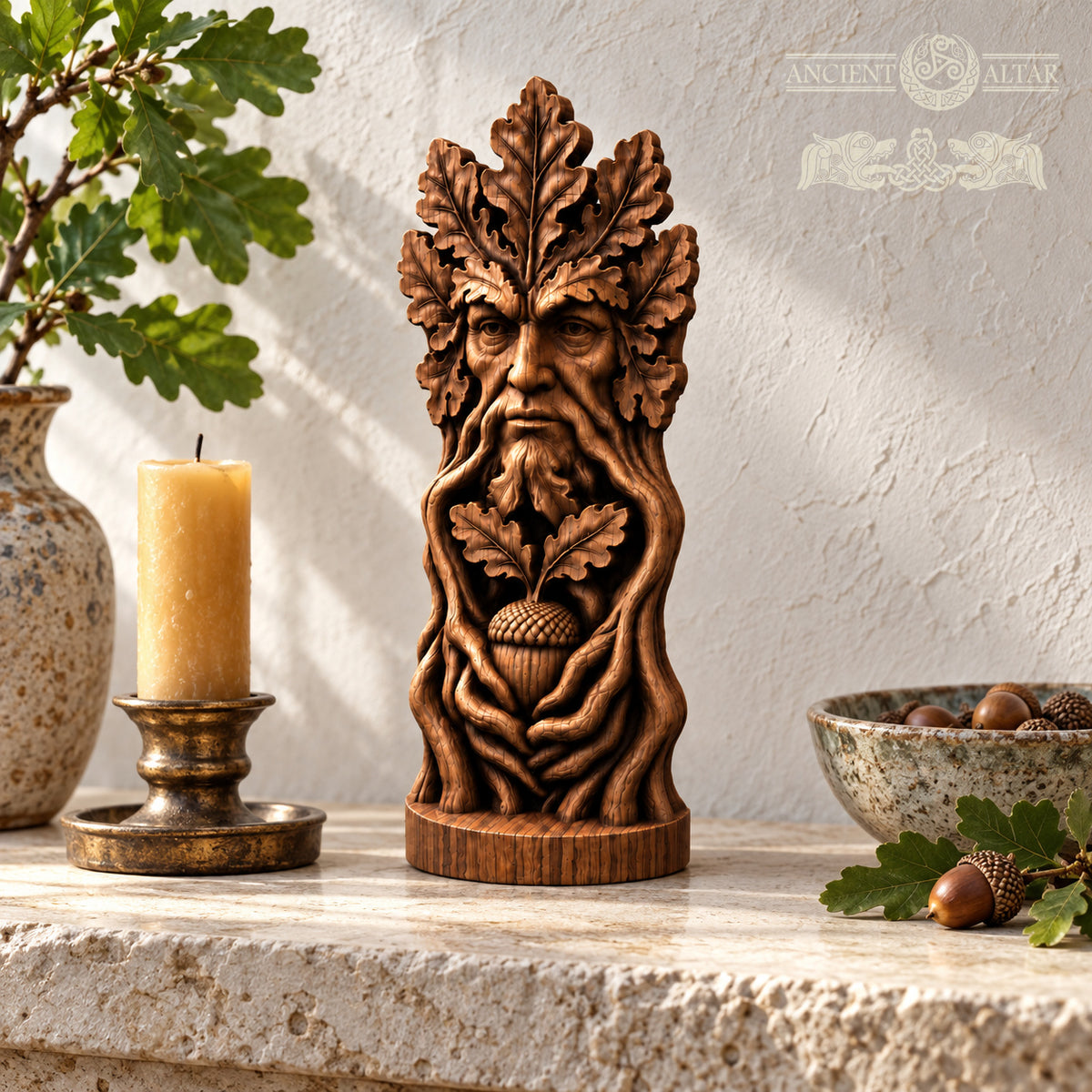 a wooden sculpture of a face with leaves, a candle, and a bowl of acorns on a stone surface.