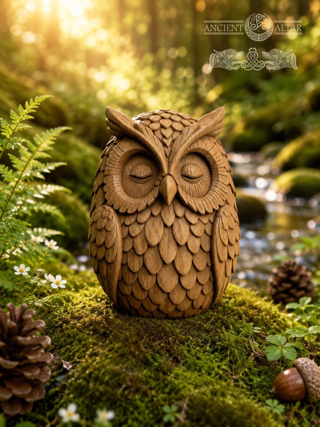 Wooden Owl Figurine, Oak Forest Guardian, Sleeping Owl Statue, Woodland Decor, Meditation Gift, Cozy Shelf Decor