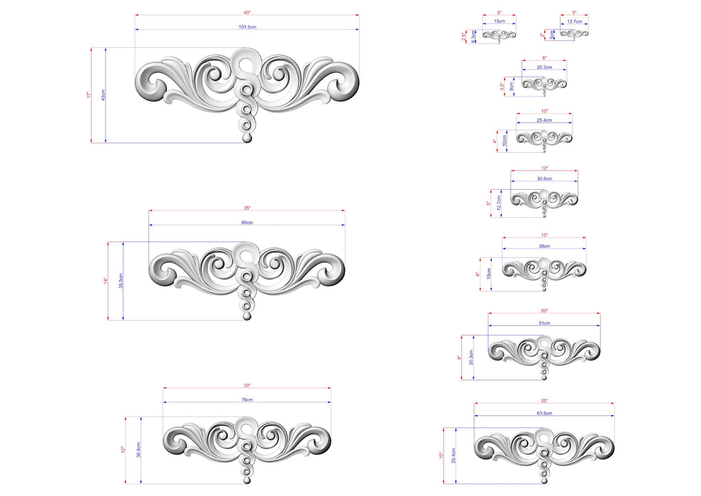 a series of decorative designs, including a central design with a floral motif and a series of smaller designs surrounding it. The designs are shown in various sizes, ranging from small to large, and are accompanied by detailed measurements and scale drawings.