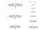 a series of decorative designs, including a central design with a floral motif and a series of smaller designs surrounding it. The designs are shown in various sizes, ranging from small to large, and are accompanied by detailed measurements and scale drawings.