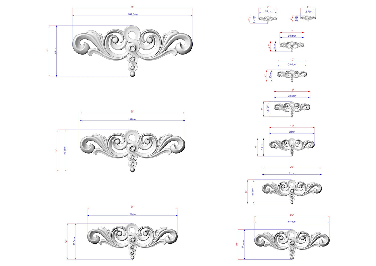 a series of decorative designs, including a central design with a floral motif and a series of smaller designs surrounding it. The designs are shown in various sizes, ranging from small to large, and are accompanied by detailed measurements and scale drawings.