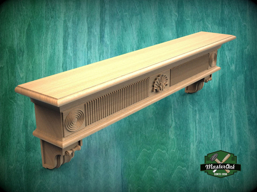 Natural Wood Mantel with Fluted and Scroll Design - Ideal for Interior Enhancement, 1 pc, Unpainted, Mantle with corbels, Floating Shelf