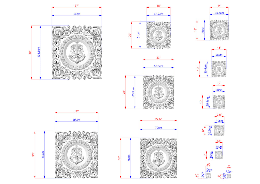 various sizes of ornate, decorative designs, including a central circular design surrounded by smaller square and rectangular shapes. The designs are detailed with measurements and dimensions, providing a visual representation of the patterns and shapes.