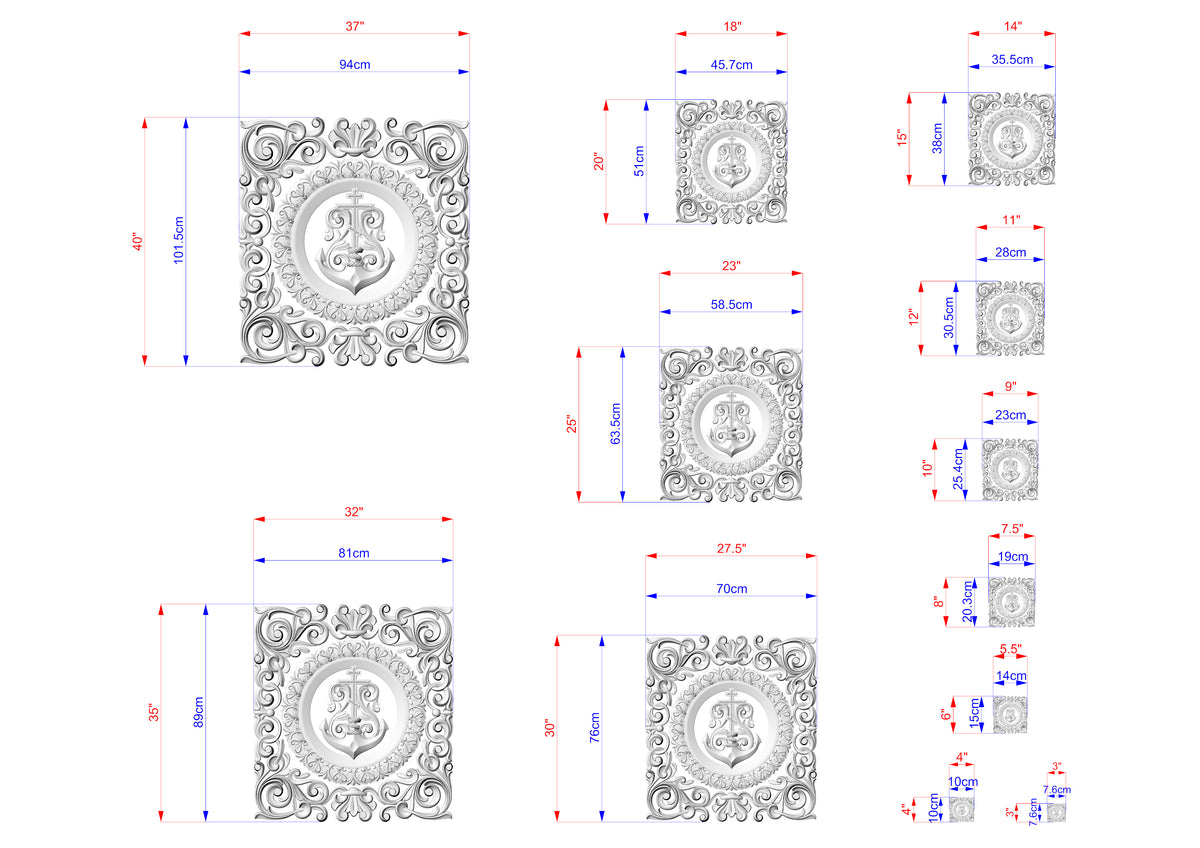 various sizes of ornate, decorative designs, including a central circular design surrounded by smaller square and rectangular shapes. The designs are detailed with measurements and dimensions, providing a visual representation of the patterns and shapes.