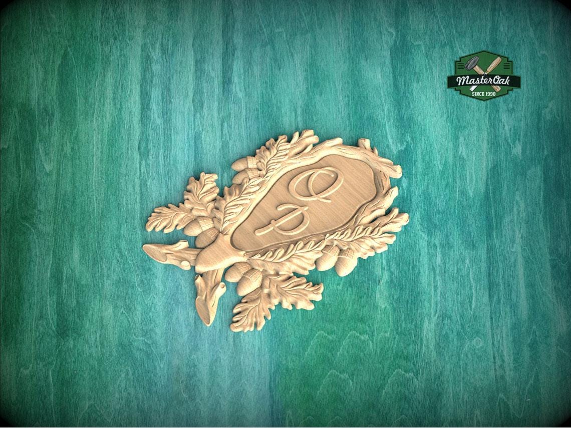 Personalized Wooden Medallion Onlay, Rustic Oak and Acorn Design, Wood Onlay with Acorn Motif, 1 pc, Unpainted, Home Wall Embellishments