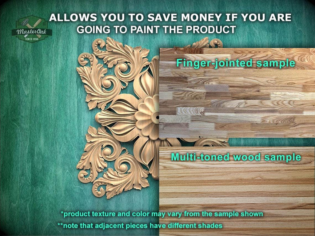The image is a promotional advertisement for Master Oak, a company that sells wood products. It features a close-up of a decorative wooden piece and a sample of a multi-toned wood sample. The text on the image encourages viewers to save money by painting the product, highlighting the differences between the two samples, such as the product texture and color. The ad emphasizes that the product texture and color may vary from the sample shown, and notes that adjacent pieces have different shades.
