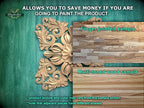 The image is a promotional advertisement for Master Oak, a company that sells wood products. It features a close-up of a decorative wooden piece and a sample of a multi-toned wood sample. The text on the image encourages viewers to save money by painting the product, highlighting the differences between the two samples, such as the product texture and color. The ad emphasizes that the product texture and color may vary from the sample shown, and notes that adjacent pieces have different shades.