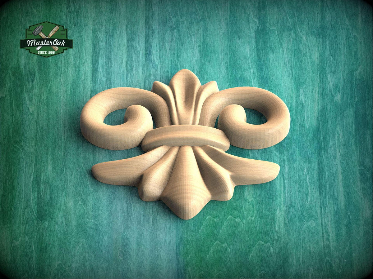 a wood carving of a flower on a green background