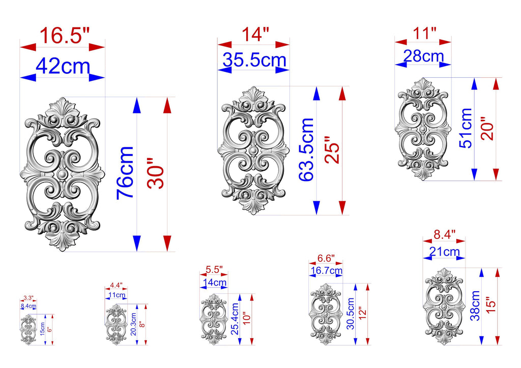 various sizes of ornate metal designs, each with its own set of measurements and dimensions. The designs are arranged in a grid format, providing a clear visual representation of the different sizes available.