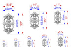 various sizes of ornate metal designs, each with its own set of measurements and dimensions. The designs are arranged in a grid format, providing a clear visual representation of the different sizes available.