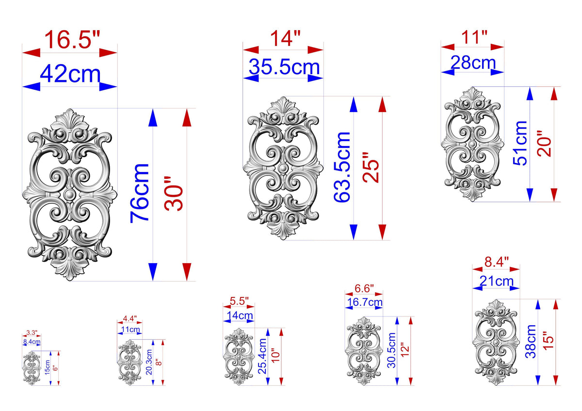 various sizes of ornate metal designs, each with its own set of measurements and dimensions. The designs are arranged in a grid format, providing a clear visual representation of the different sizes available.