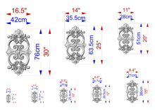 Load image into Gallery viewer, various sizes of ornate metal designs, each with its own set of measurements and dimensions. The designs are arranged in a grid format, providing a clear visual representation of the different sizes available.
