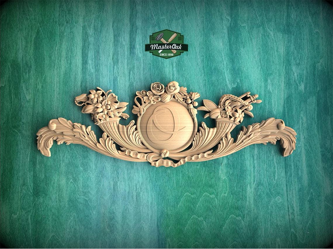 Personalized Romantic Floral Carved Wood Onlay with Central Medallion, Elegance Wood Applique, Furniture Carving, Wood Onlay, 1pc, Unpainted