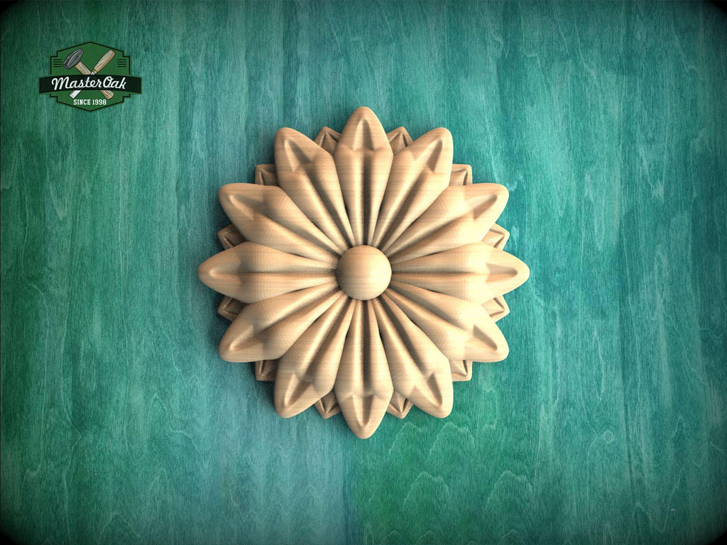 A wooden flower-shaped object is displayed against a green background.