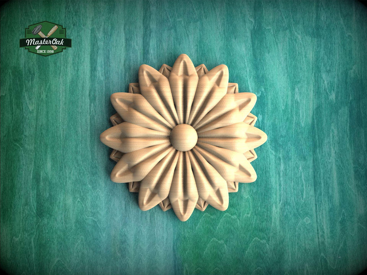 A wooden flower-shaped object is displayed against a green background.