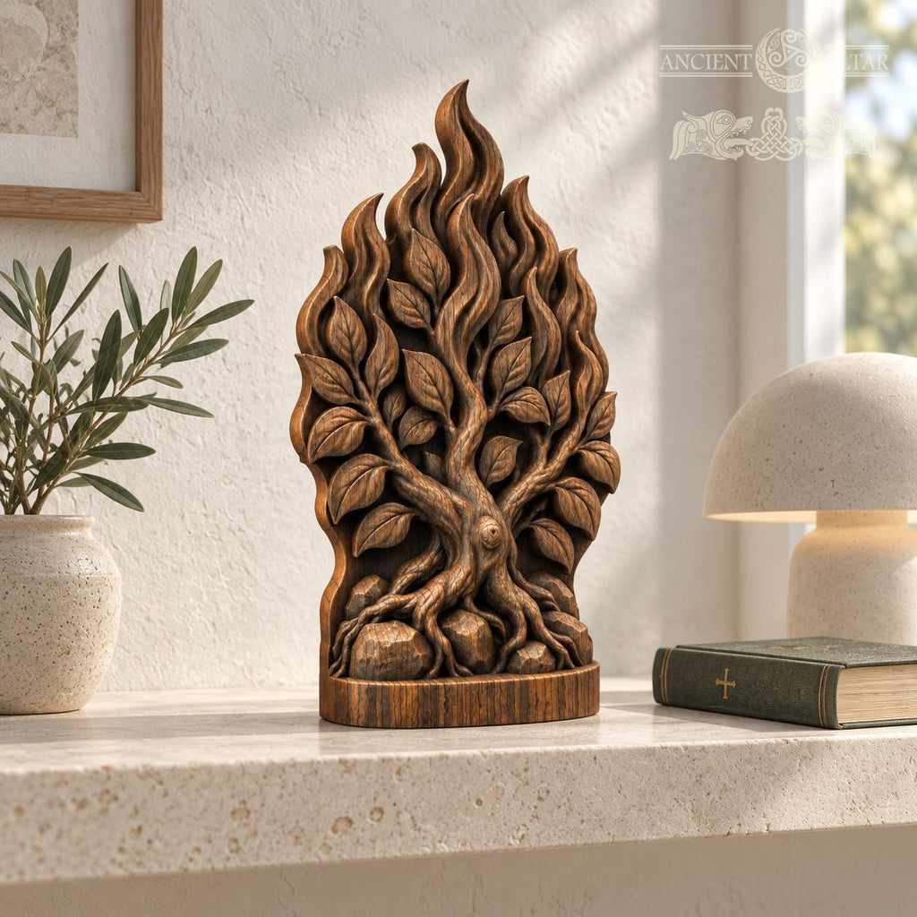 Burning Bush Oak Wood Sculpture, Biblical Tree with Flames, Judaica Decor, Exodus Inspired Wooden Relief, Religious Gift