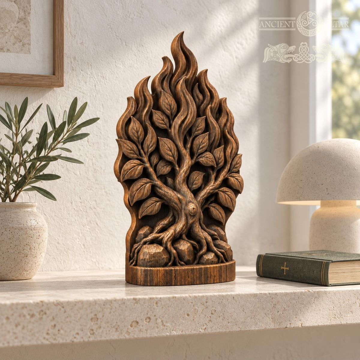 Burning Bush Oak Wood Sculpture, Biblical Tree with Flames, Judaica Decor, Exodus Inspired Wooden Relief, Religious Gift