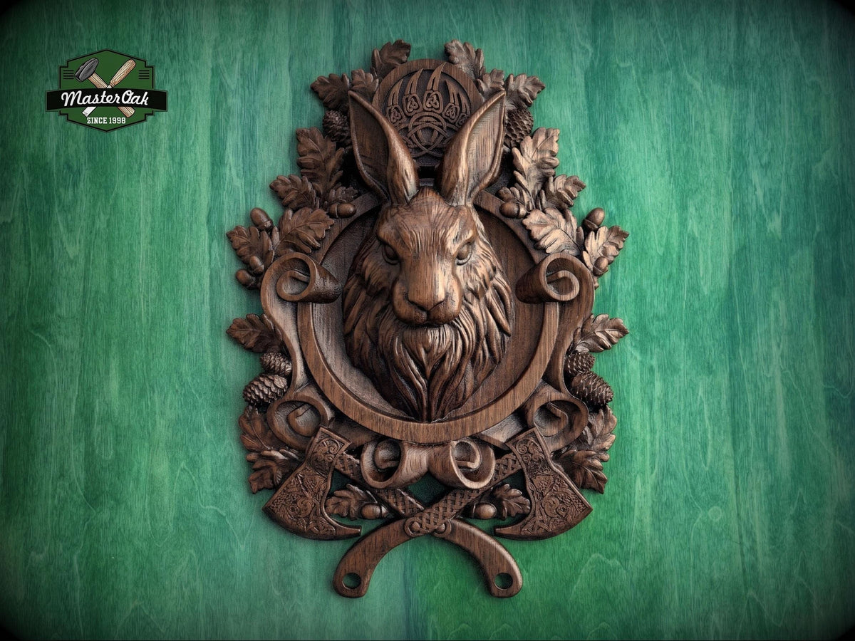 Carved Hare Wall Decor – Forest Spirit Wooden Plaque, Rustic Woodland Animal Art