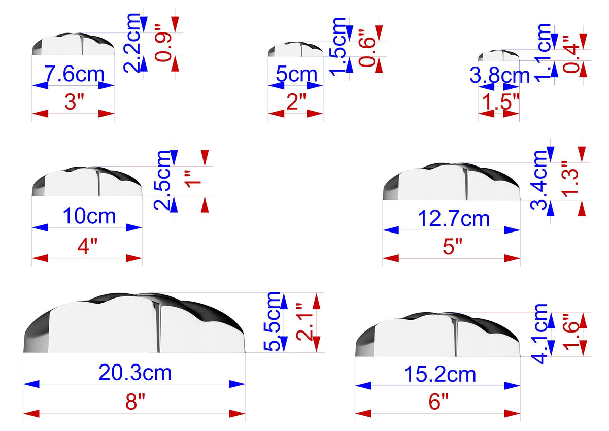 a series of seven different sizes of umbrellas, each labeled with its corresponding size in centimeters. The sizes are from 20 centimeters to 6 centimeters, with the largest umbrella being 5.5 centimeters and the smallest being 3.8 centimeters. The umbrellas are arranged in a grid-like pattern, with each size listed next to its corresponding image.
