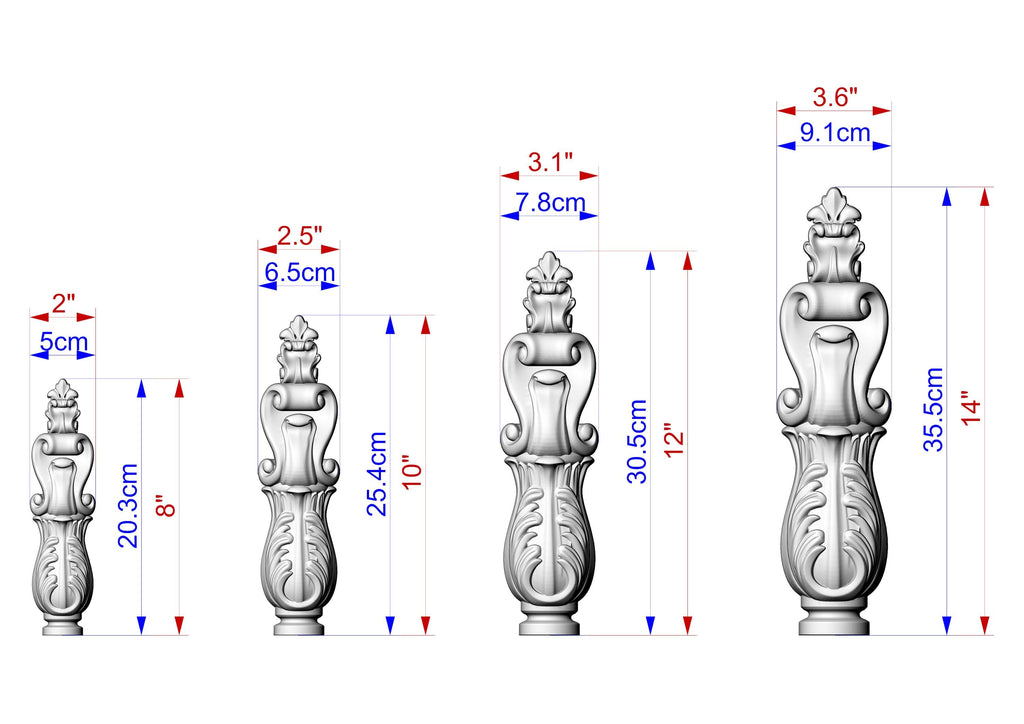 five different sizes of a decorative metal sculpture, each with its own unique design and dimensions. The sculptures are shown in a grid format, with each size represented by a different color and labeled with the corresponding measurements.