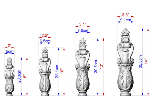 five different sizes of a decorative metal sculpture, each with its own unique design and dimensions. The sculptures are shown in a grid format, with each size represented by a different color and labeled with the corresponding measurements.