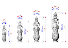 Load image into Gallery viewer, five different sizes of a decorative metal sculpture, each with its own unique design and dimensions. The sculptures are shown in a grid format, with each size represented by a different color and labeled with the corresponding measurements.
