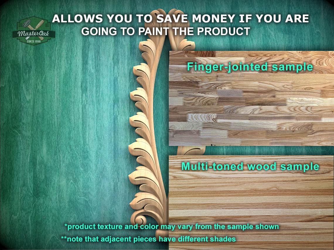 The image is a promotional advertisement for Master Oak Paint, showcasing a variety of wood samples available for painting. It features a wooden wall with a decorative element, a finger-jointed sample, and a multi-toned wood sample. The text on the image provides information about the product, including the possibility of saving money by painting the product, the different shades of the wood samples, and the fact that adjacent pieces may have different shades.
