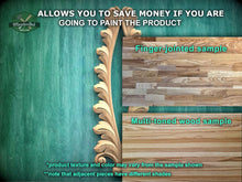 Load image into Gallery viewer, The image is a promotional advertisement for Master Oak Paint, showcasing a variety of wood samples available for painting. It features a wooden wall with a decorative element, a finger-jointed sample, and a multi-toned wood sample. The text on the image provides information about the product, including the possibility of saving money by painting the product, the different shades of the wood samples, and the fact that adjacent pieces may have different shades.
